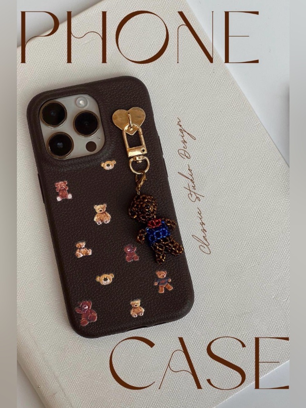 Brown Teddy Bear Charm Phone Case with Gold Accent - Classic Studio Design